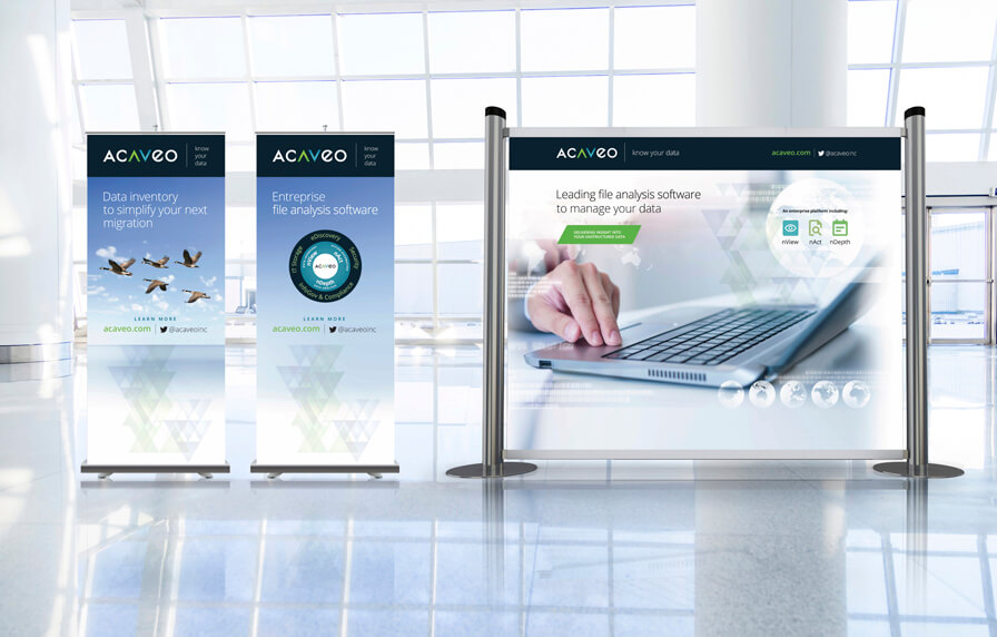 two acaveo pull-up banners and one large display stand