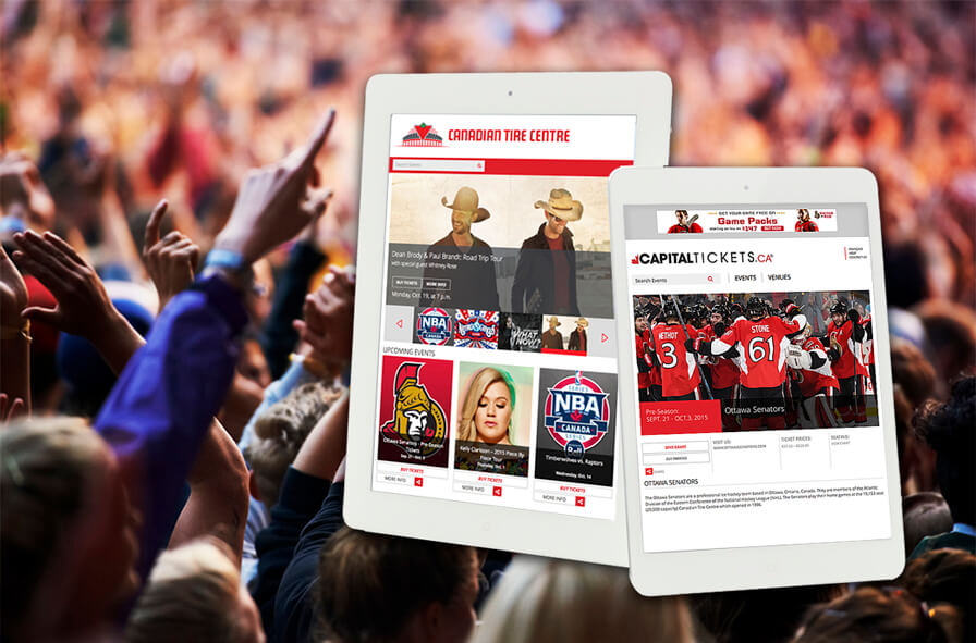 two tablets displaying canadian tire centre website and capital tickets website with concert crowd in the background