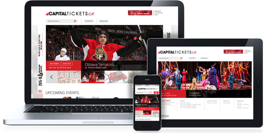 laptop, tablet and phone displaying capital tickets website