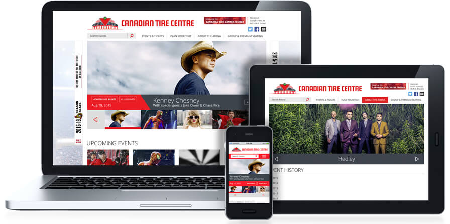 laptop, tablet and phone displaying canadian tire centre website